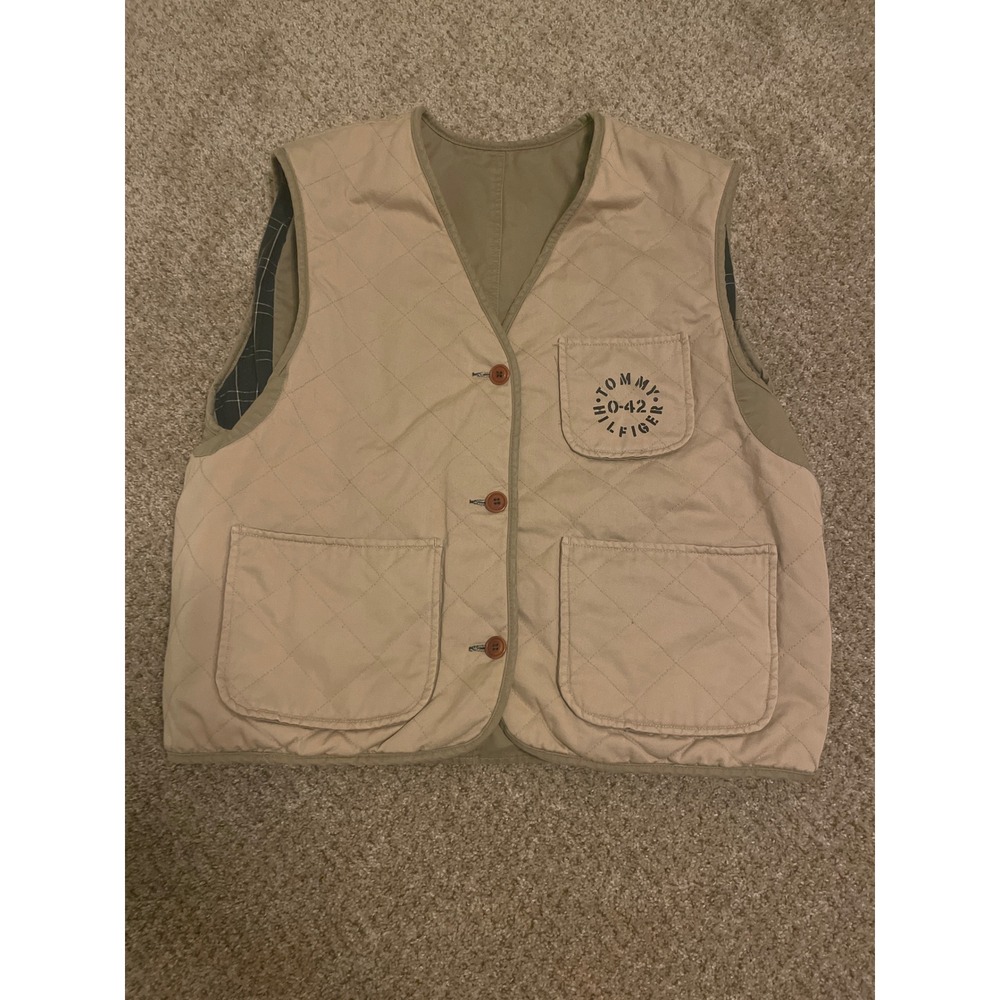 Tommy Hilfiger Men Vest L‎ Tan Reversible Quilt Plaid Button Front Vintage Stain